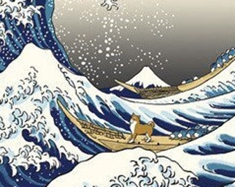 Shiba Inu Soft Tenugui I Ukiyoe Wave, Soft Tenugui Towel with Cherry Blossoms, Traditional Hand-Dyed Japanese Cotton Fabric for Tapestry