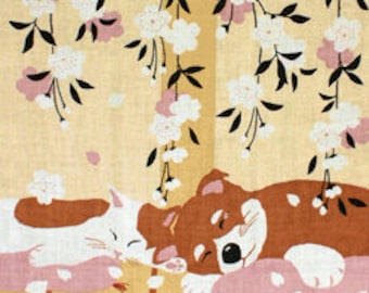 Shibainu and Cat Soft Tenugui Towel with Cherry Blossoms, Traditional Hand-Dyed Japanese Cotton Fabric for Tapestry, Cover and Gift