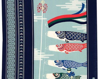 Furoshiki de poisson : « Koinobori - Carp Streamer », tissu/chiffon japonais carré en coton durable de 20 po. pour tapisserie, intérieur, couverture et emballage écologique