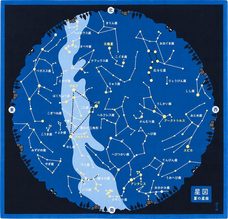 May include: A square fabric cloth featuring a circular star map on a deep blue background. The design displays various constellations connected by white lines and yellow stars, with a light blue band representing the Milky Way and Japanese text.