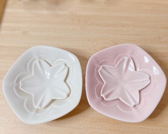 3.5" Mini Flower-shaped plate and chopstick rest set, white/Pink I  Ceramic Dipping-Sauce Dish, Ring Dish, Trinket Plate, Incense Holder