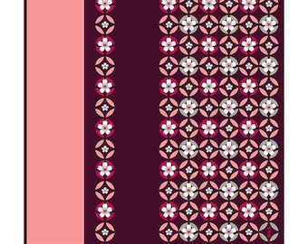 Puede incluir: Un fondo morado oscuro con un patrón repetitivo de flores de cerezo blancas en círculos rosas y grises. El patrón está bordeado a la izquierda por un rectángulo rosa sólido.