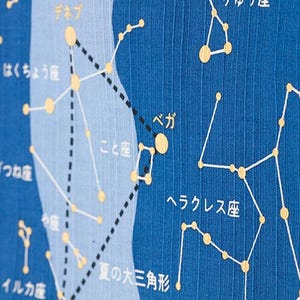 May include: A blue ribbed fabric featuring a printed celestial map with yellow stars, white constellation lines, and Japanese text labels. The design includes the Summer Triangle, Lyra, Cygnus, and Hercules constellations on a textured surface.