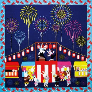 May include: A colorful illustration of a Japanese summer festival with white rabbits wearing traditional clothing. The scene features fireworks, food stalls, and lanterns. The rabbits are playing drums and dancing.