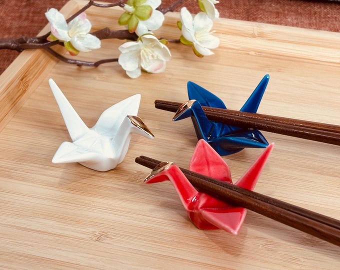 Origami Crane Chopstick Rest - Gold-Accented (White, Red, Blue) | Mino Ware Bird Figurine | Made in Japan | Cutlery & Brush Rest, Table Deco