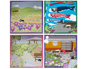 20" Cat Furoshiki: "Cats in Summer", Japanese Durable & Reusable Gift Wrapping Cloth for Tapestry, Dust Cover and Eco-Wrapping