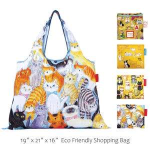 May include: A blue reusable shopping bag with a cat print. The bag is 19 inches wide, 21 inches tall, and 16 inches deep. The bag is made of recycled materials and is eco-friendly.