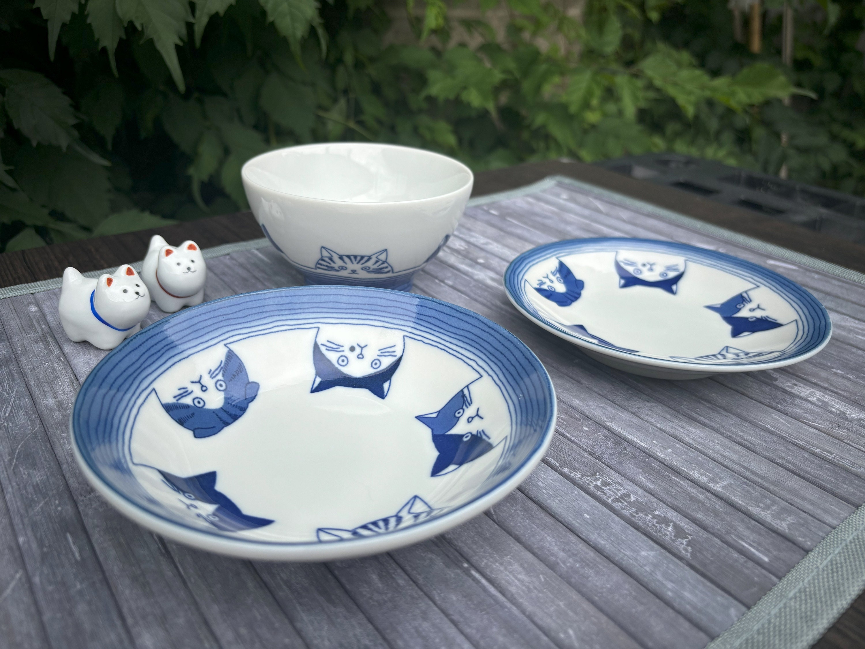 5.25" Cat Plates I 4.25" Cat Rice Bowl I Japanese Mino Ware Ceramic Serving Plates for Snack, Salad, Side Dish, Appetizer, Kid's Meal