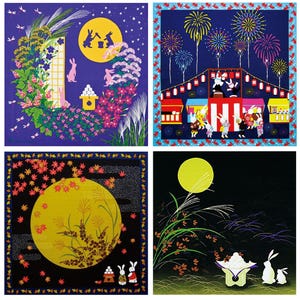 May include: Four colourful illustrations of Japanese rabbits celebrating the moon festival. The illustrations feature a full moon, fireworks, a festival scene, and a moonlit night with tall grass.