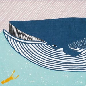 May include: A whimsical illustration of a whale in shades of blue and white, with a light blue sea and a pink sky. The whale's body features striped patterns, and a small orange creature swims below.