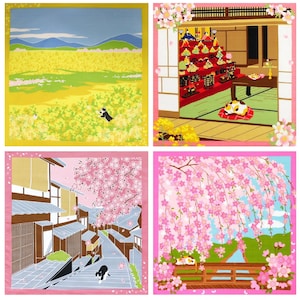 May include: Four colorful illustrations of Japanese scenes with cats. The top left image shows a field of yellow flowers with a cat walking through them. The top right image shows a traditional Japanese doll display with a cat sitting in front of it. The bottom left image shows a street scene with cherry blossoms and a cat walking down the street. The bottom right image shows a cat sitting on a bridge with cherry blossoms hanging over it.