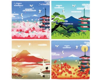 Vistas del Monte Fuji Furoshiki: Naturaleza, Pagoda, Grúas, Tela de algodón reutilizable y duradera para tapices y envolturas ecológicas.