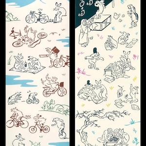 May include: Two vertical panels with whimsical illustrations. The left panel shows animals on bicycles, picnicking, and using a scooter, set against a backdrop of a mountain and blue sky. The right panel depicts animals writing and studying.