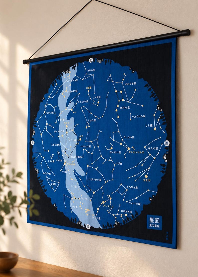 May include: A rectangular wall hanging featuring a circular star map on a dark blue and black background. The map displays constellations with white lines and yellow stars, labeled with Japanese text. It is suspended from a black rod.