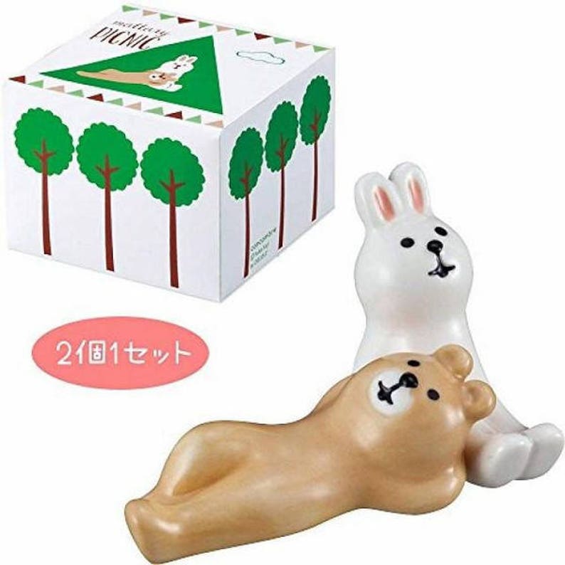 A Pair of Kawaii Rabbit and Bear Chopstick Rests Ceramic chopstick holder Cutlery Rests Tableware PotteryPorcelain