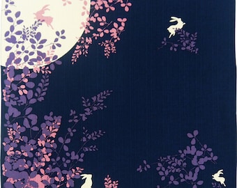 20" Japanese Furoshiki Cloth – Moon Rabbits & Wisteria Blossoms, Autumn Night Sky Fabric, Reusable Cotton Gift Wrap, Japanese Wall Decor