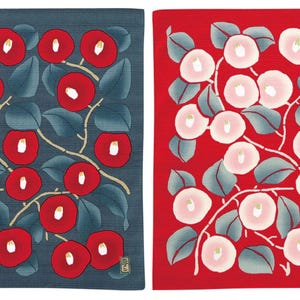 May include: Two square fabric panels with a floral design. The panel on the left has a dark blue background with red flowers. The panel on the right has a red background with pink flowers.