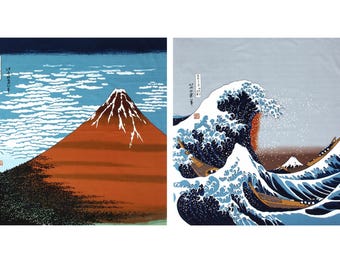 46.5&quot; Hokusai Ukiyoe Furoshiki: &quot;The Great Wave&quot; I &quot;Red Fuji&quot; Japanese Square Cotton Fabric/Cloth for Tapestry, Interior, Wall Hanging.