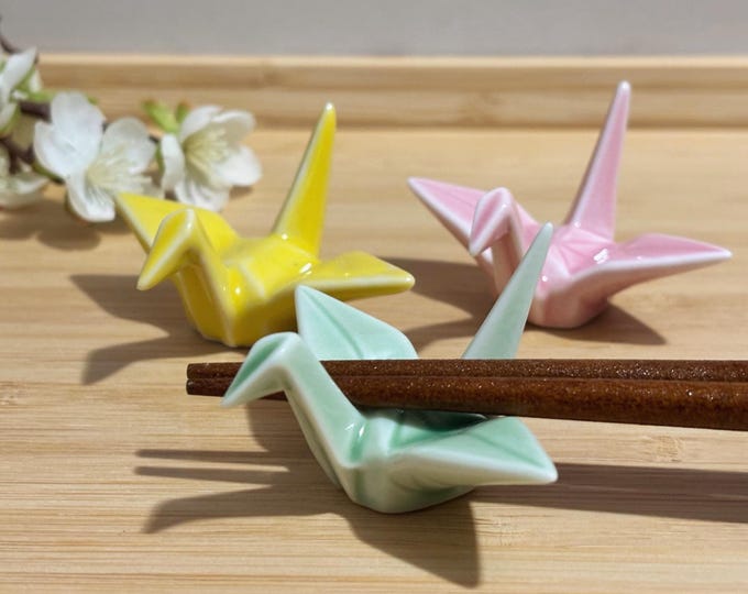Origami Crane Chopstick Rest - Pink, Yellow, Pale Green I Mino Ware Bird Figurine I Made in Japan, Cutlery & Brush Rest, Table Deco