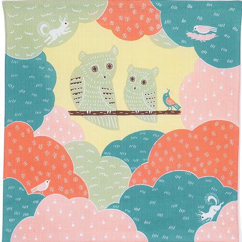 20" Furoshiki, Owls (Kata Kata) - Green, Pink - Japanese Thin, Soft and Smooth Square Cotton Cl