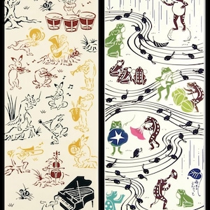 May include: Two panels with whimsical illustrations of animals playing musical instruments. One panel features a piano, drums, and various wind and string instruments. The other panel depicts frogs on musical notes, with a conductor frog.