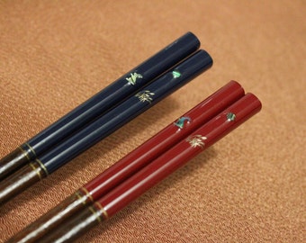 Handcrafted Japanese Chopsticks Finished with Abalone Shell - Moon and Rabbit - Red or Blue I Perfect gift for Sushi and Ramen lovers!