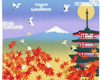 4 Seasons Furoshiki: Fuji & Pagoda in Fall, 20” Japanese Durable Square Cotton Fabric/Cloth for Tapestry, Interior and Eco-Wrapping