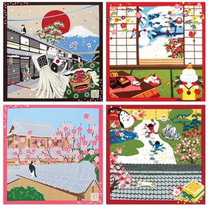 20" Cat Furoshiki: "Spring Series" Japanese Durable & Reusable Gift Wrapping Cloth for Tapestry, Dust Cover and Eco-Wrapping