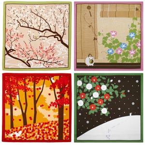 May include: Four square fabric panels with different seasonal designs. The top left panel features a pink and white cherry blossom tree on a light brown background. The top right panel features a green vine with blue and pink flowers on a light brown background. The bottom left panel features a red and orange maple tree on a yellow background. The bottom right panel features a white camellia flower on a dark brown background.