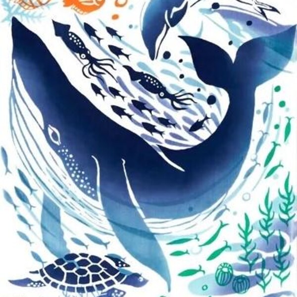 手ぬぐい「鯨と海の生き物」タペストリー、インテリア、バナー、ドアカーテン、ギフト用 I 日本の伝統的な手染め綿布