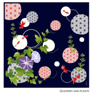 Op de afbeelding: Een marineblauwe achtergrond met witte en rode geometrische cirkels, witte cirkels met rode goudvissen en groene wijnstokken met paarse en witte bloemen. De tekst "Goldfish and Plants" staat onderaan de afbeelding.