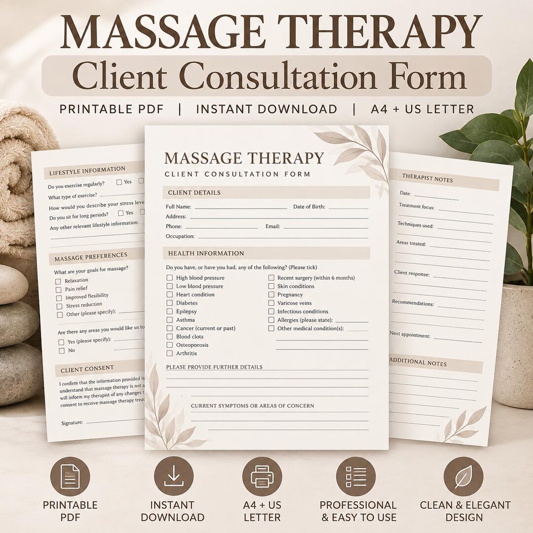 Massage Therapy Client Intake Form, Printable PDF, Instant Download ...