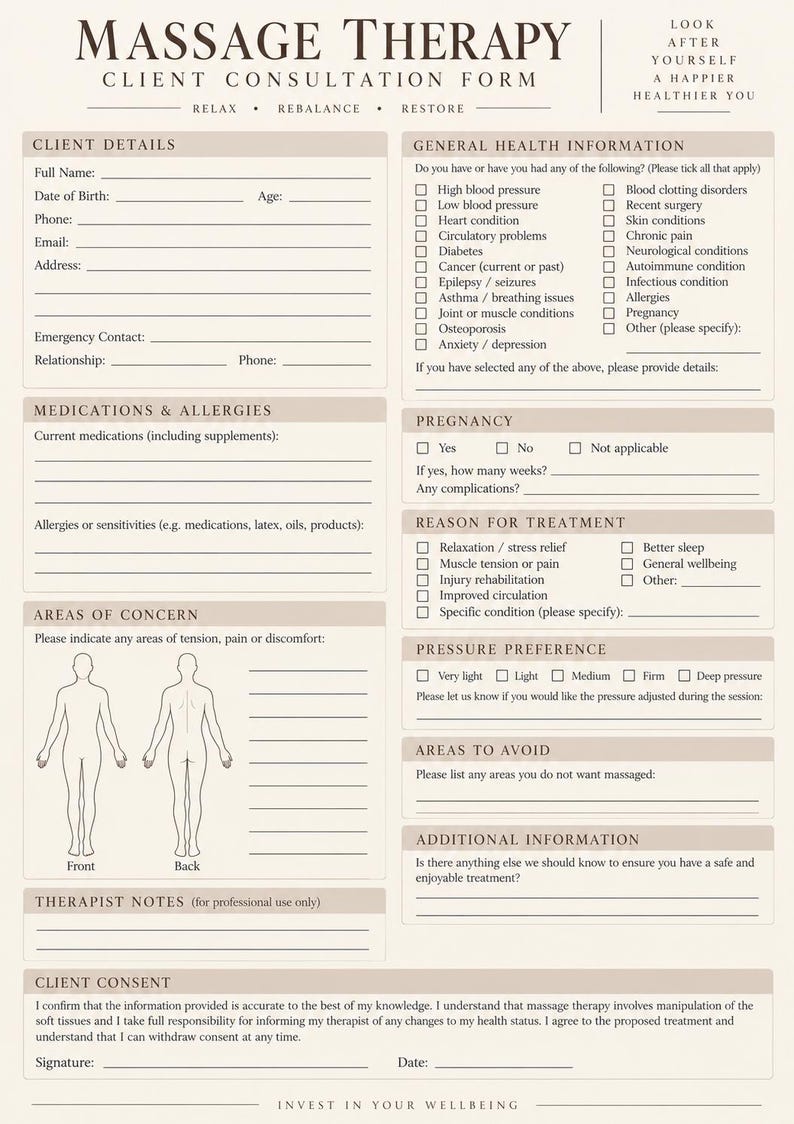 Massage Therapy Client Intake Form, Printable PDF, Instant Download ...