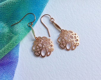 ROSE GOLD EARRINGS - Rose Gold Dangle Earrings -Rose Gold Filigree Disc Earrings - Filigree Disc Earrings