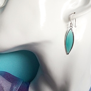 GREEN EARRINGS - Silver Bezel Mint Green Earrings - Long Marquise Aqua Glass Earrings - Gift For Her