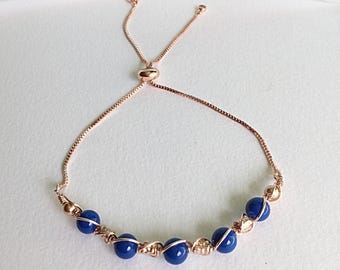 Lapis Blue Bracelet -  Rose Gold Wired Glass Beads - Slider Chain - Gift For Her