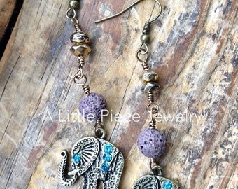 Elephant Charm Earrings with Lava Beads for Essential Oils - Diffusing