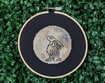 Moon Gazing Hare Cross Stitch Pattern, Celtic Rabbit Embroidery, Occult Pagan Needlepoint, Rabbit in Moon Hoop Art - PDF, Instant Download