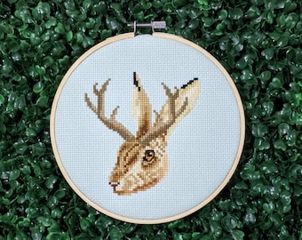 Jackalope Cross Stitch Pattern, Modern Embroidery, Rabbit Needlepoint, Bunny Animal Art, Horned Hare Fearsome Critter PDF Instant Download