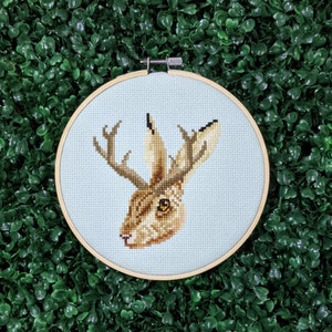 Jackalope Cross Stitch Pattern, Modern Embroidery, Rabbit Needlepoint, Bunny Animal Art, Horned Hare Fearsome Critter PDF Instant Download