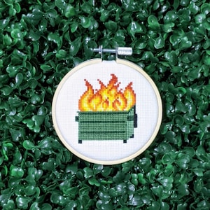Mini Dumpster Fire Cross Stitch Pattern, Tiny Subversive Embroidery, Funny Ornament, Meme Flaming Trash, Garbage PDF Instant Download