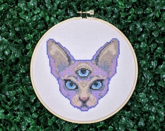Third Eye Cat Cross Stitch Pattern, All Seeing Kitty Embroidery, Pagan Occult Feline Hoop Art, Psychic Three Eye Animal PDF Instant Download