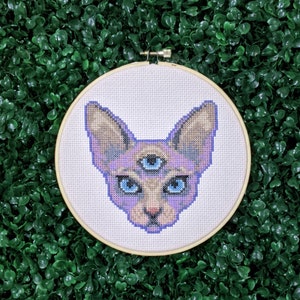 Third Eye Cat Cross Stitch Pattern, All Seeing Kitty Embroidery, Pagan Occult Feline Hoop Art, Psychic Three Eye Animal PDF Instant Download