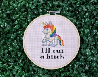 Mature Language Rainbow Unicorn, Funny Small Cross Stitch Pattern, Sarcastic Embroidery, I'll Cut A B!tch - PDF, Instant Download