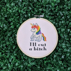 Mature Language Rainbow Unicorn, Funny Small Cross Stitch Pattern, Sarcastic Embroidery, I'll Cut A B!tch - PDF, Instant Download