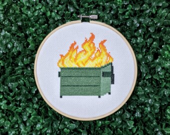 Dumpster Fire Cross Stitch Pattern, Subversive Embroidery, Funny Needlepoint, Meme Hoop Art, Flaming Trash, Garbage - PDF, Instant Download
