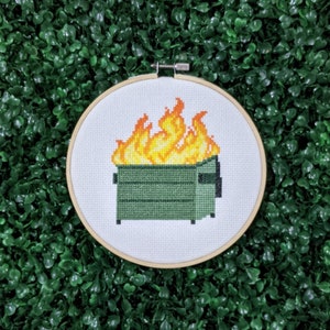 Dumpster Fire Cross Stitch Pattern, Subversive Embroidery, Funny Needlepoint, Meme Hoop Art, Flaming Trash, Garbage - PDF, Instant Download