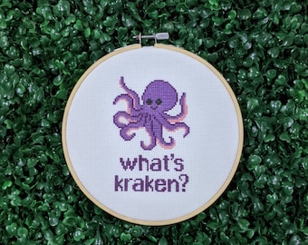 What's Kraken, Funny Cross Stitch Pattern, Pun Embroidery, Kawaii Octopus, Cute Hoop Art - PDF, Instant Download