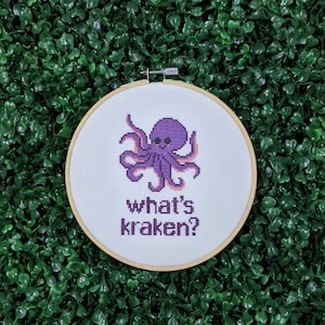 What&#39;s Kraken, Funny Cross Stitch Pattern, Pun Embroidery, Kawaii Octopus, Cute Hoop Art - PDF, Instant Download