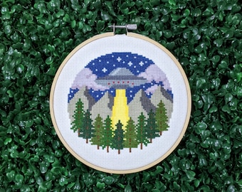 UFO in the Woods Cross Stitch Pattern, Scifi Embroidery, Alien Abduction Needlepoint, Forest Spaceship Hoop Art - PDF, Instant Download